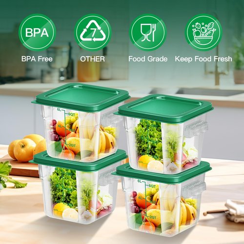 FeyBuosk 4 pcs 6qt Food Storage Containers with Lid, Square Clear Commercial Storage Containers with Handle and Scale for Food Storage in Home Kitchen & Dining (Green)