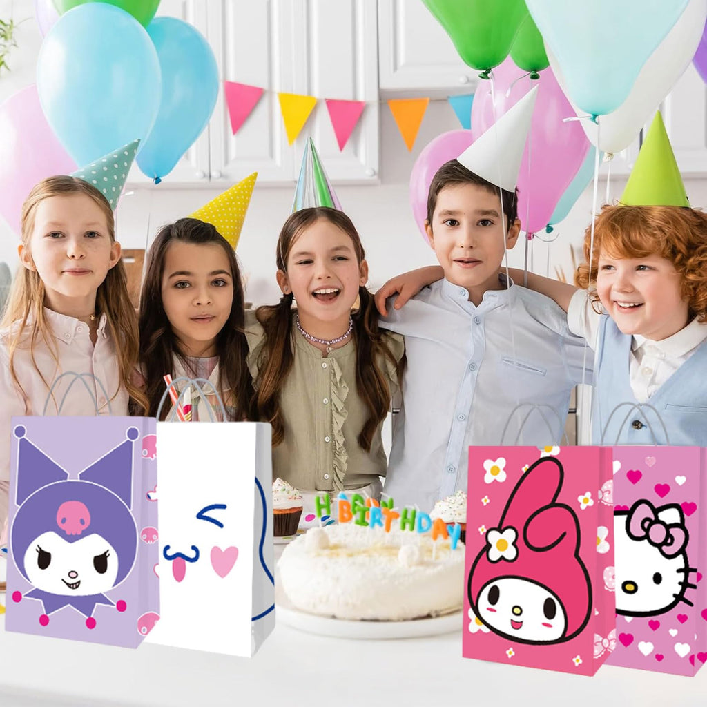 12 Pcs Cute Party Favor Bags, 4 Patterns Double Sided Printed Candy Goodie Treat Bags with Handle, Cartoon Pink Birthday Party Supplies for Kids