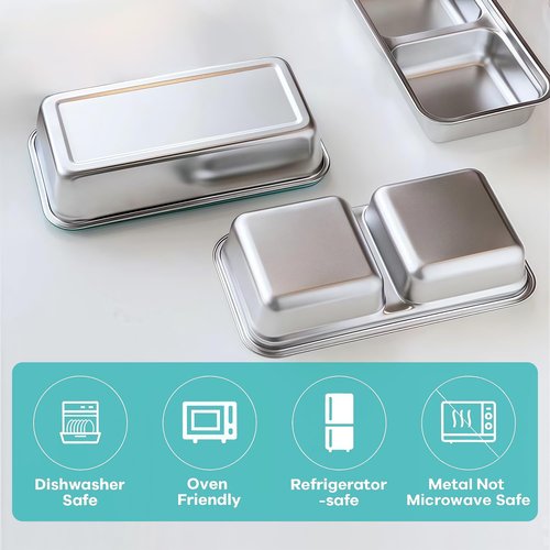 BSTUR 6Pcs 304 Stainless Steel Snack Containers, 2 Compartments Portable Food Storage Bento Boxes with Lids, Divided Meal Prep Lunch Box Food Container Dishwasher Safe