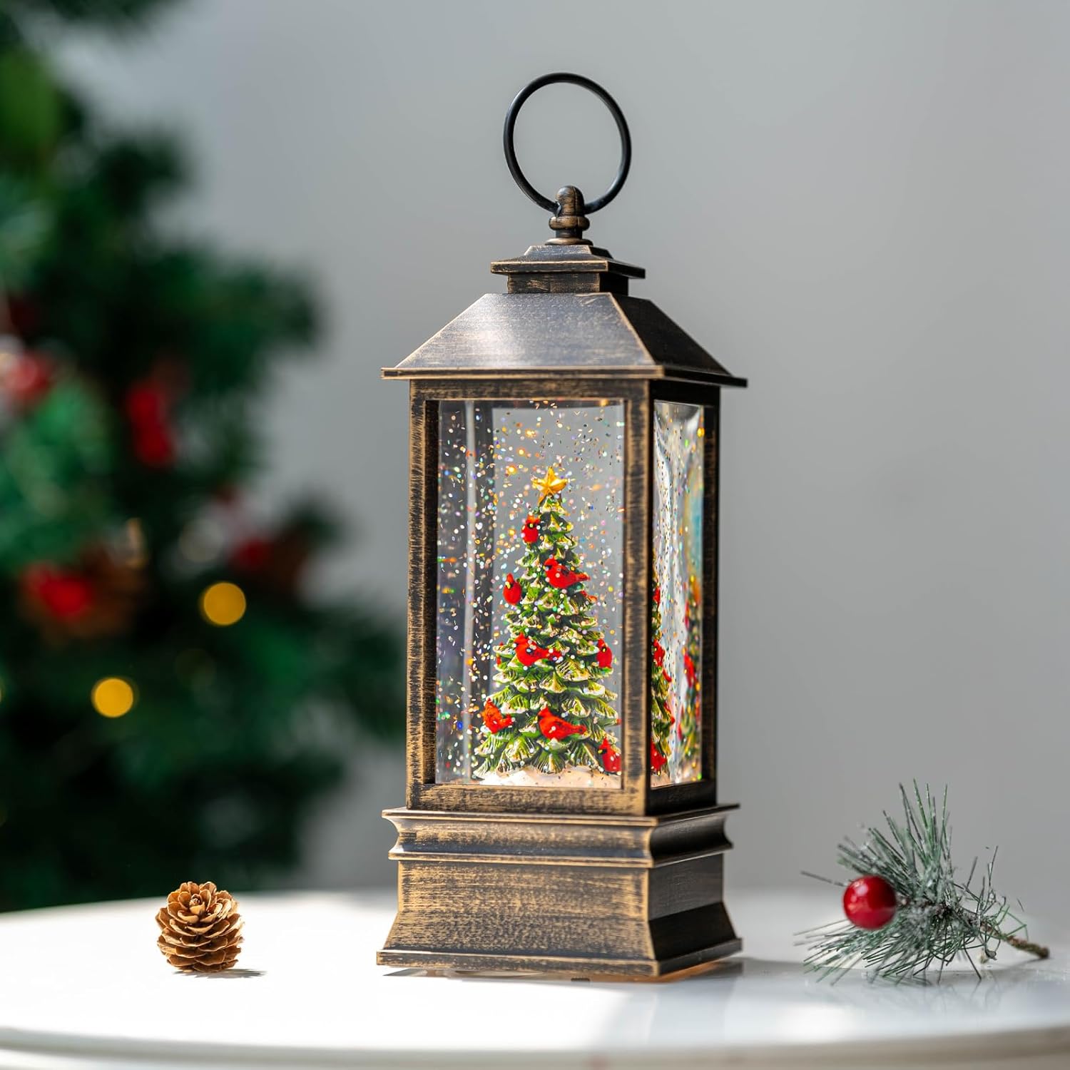 VISFLAIR 10'' Lighted Christmas Tree Snow Globe | Cardinal Music Water Lantern with Glitter Decoration
