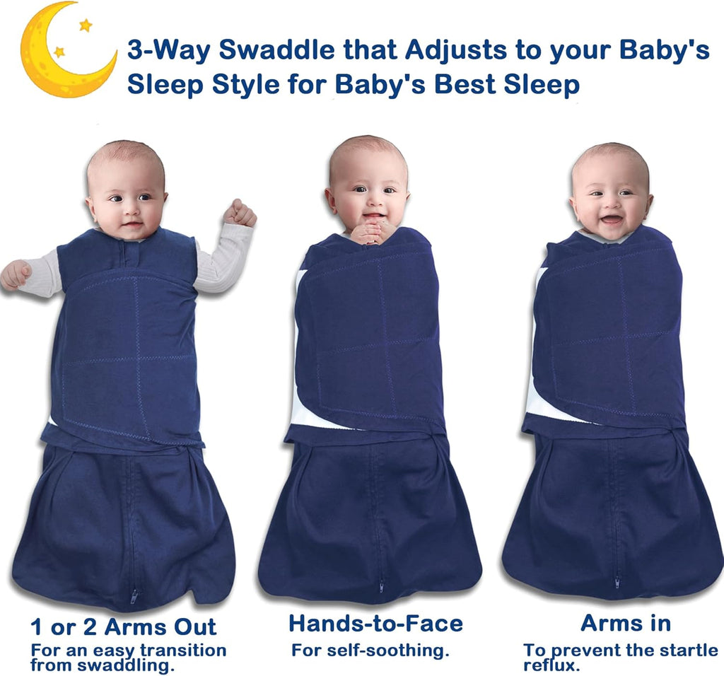 Skiennix Baby Sleep Sack Swaddle - 3-Way Adjustable Organic Cotton Blanket | 2 Pack for 3-6 Months, 12-18 lbs, 1.0 TOG (Cyan & Navy Blue)