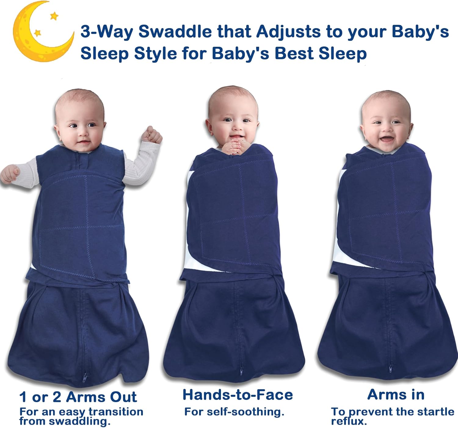 Skiennix Baby Sleep Sack Swaddle - 3-Way Adjustable Organic Cotton Blanket | 2 Pack for 3-6 Months, 12-18 lbs, 1.0 TOG (Cyan & Navy Blue)