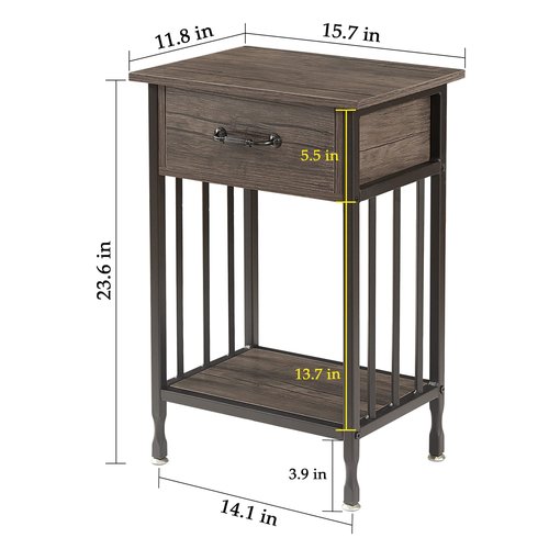 VECELO Nightstands, Industrial Side/End Tables with Drawer and Storage Shelf, Night Stands for Bedroom, Living Room, Wood Metal Furniture, Easy Assembly, 1 Pack, Grey