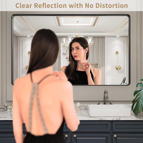 LOAAO Black Metal Framed Bathroom Mirror - Large 60x36 Inch Rounded Rectangle | Anti-Rust Tempered Glass