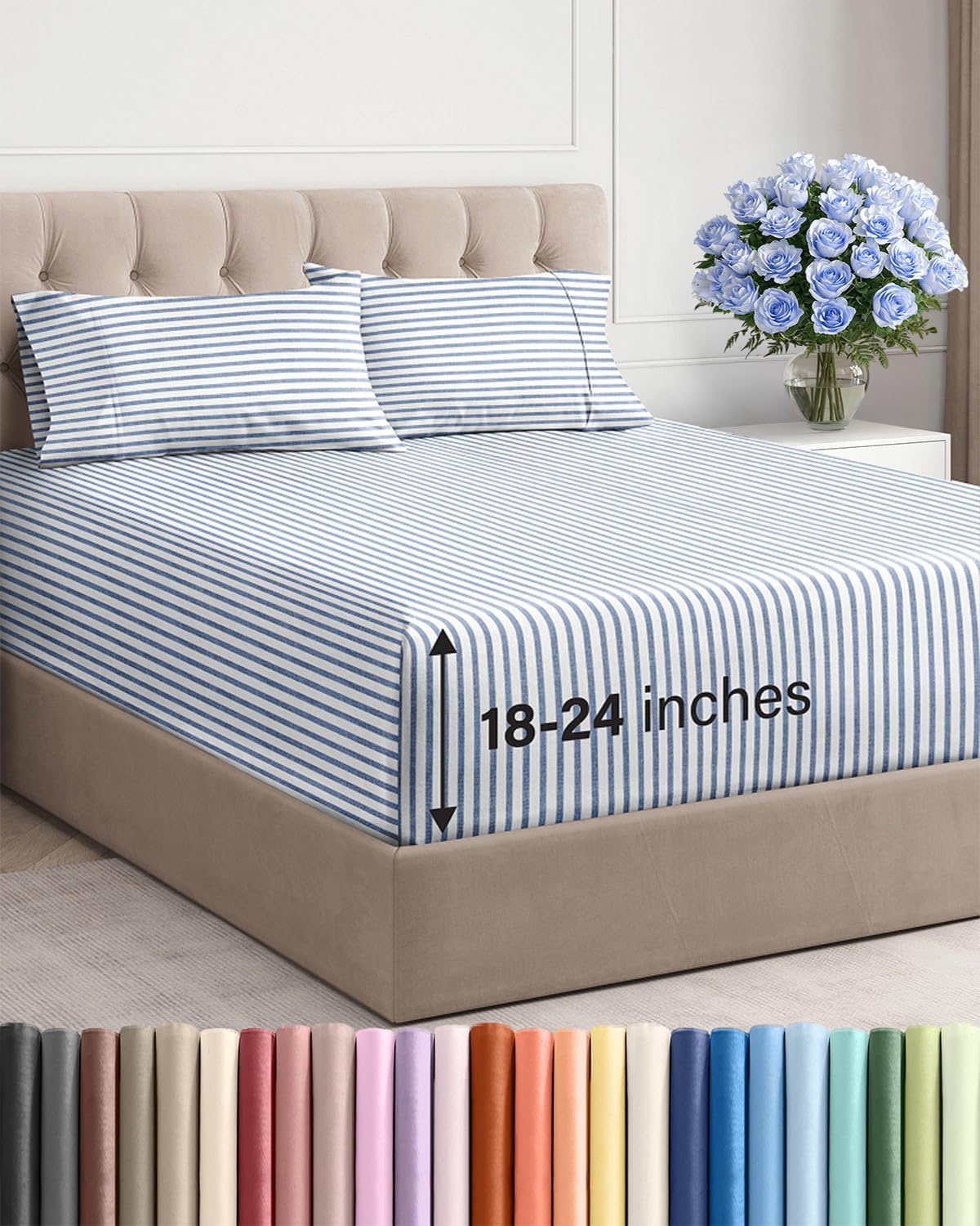 Skiennix Extra Deep Twin XL Sheet Set - 4-Piece Breathable Cooling Bedding - Soft, Wrinkle-Free Blue Stripes