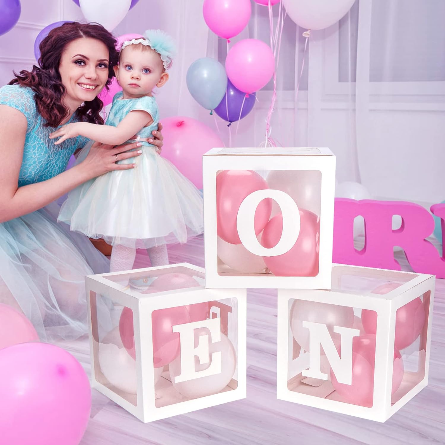Voircoloria 1st Birthday Decorations for Boys - 3-Piece Photo Prop Boxes with Letters (White)