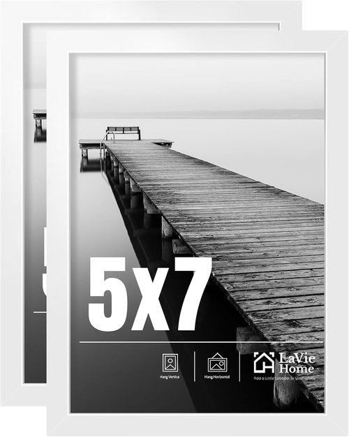 LaVie Home 5x7 Picture Frame - Classic White Photo Frame with HD Plexiglass | 2-Pack for Vertical or Horizontal Display