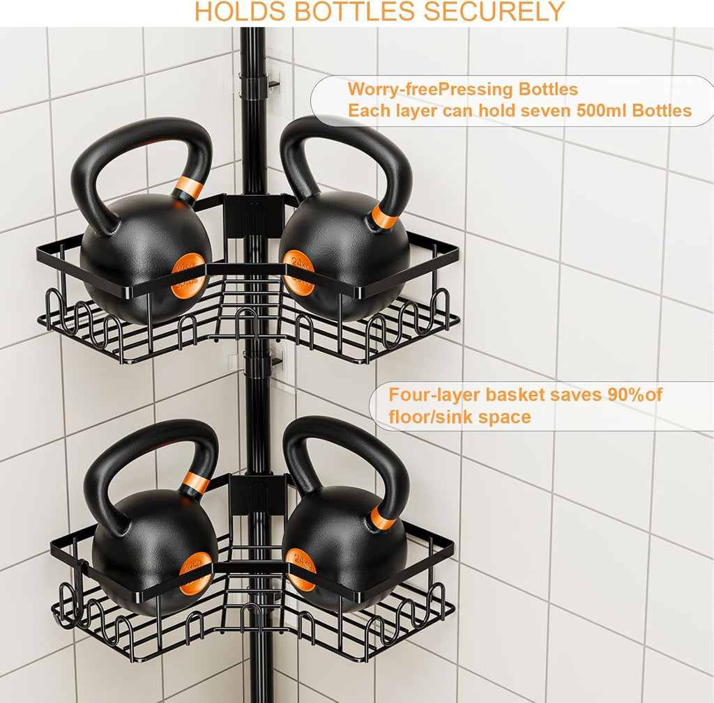 Corner Shower Caddy - 4-Tier Adjustable Tension Pole Organizer for Bathroom | Space-Saving Black Shelves (34in-120in)