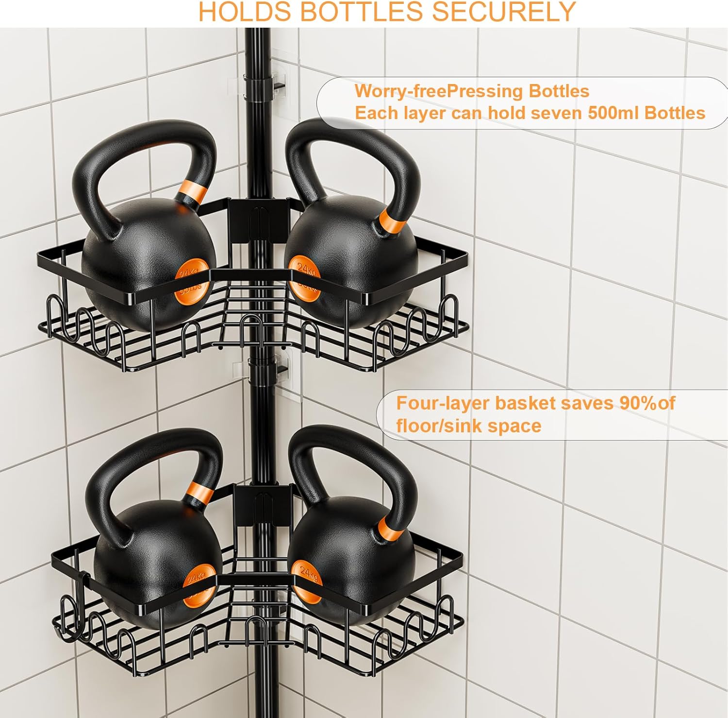 Corner Shower Caddy - 4-Tier Adjustable Tension Pole Organizer for Bathroom | Space-Saving Black Shelves (34in-120in)
