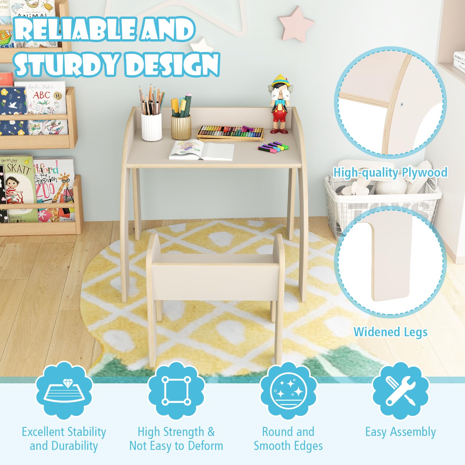 Costzon Kids Table and Chairs, Montessori Weaning Wooden Desk and Chair w/Wide Tabletop, Curved Edges, Space-Saving Design for Kids' Room, Nursery and Playroom, Toddler Table and Chair Set (Beige)