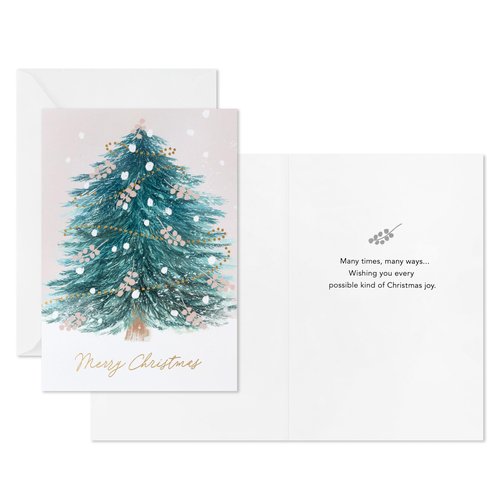 Hallmark Blush Pink Holiday Boxed Cards (16 Cards and 16 Envelopes) Gold and Pink Artistic Tree, Merry Christmas