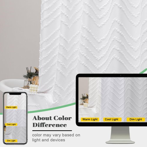 OWENIE Boho Shower Curtain, White Fabric Cloth Shower Curtains Farmhouse Tufted Chevron Striped Textured with Tassel for Bathroom, Soft Hotel Style Modern Minimalist, Machine Washable, 72x72, White