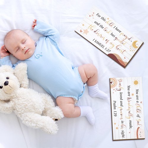 Yookeer 2 Pcs Wood Nursery Wall Decor for Girls Boys Baby Girl Room Decor Nursery Christian Wall Art This Child I Have Prayed Bible Quote Hanging Sign for Kids Home 12 x 6 Inch(Cute)