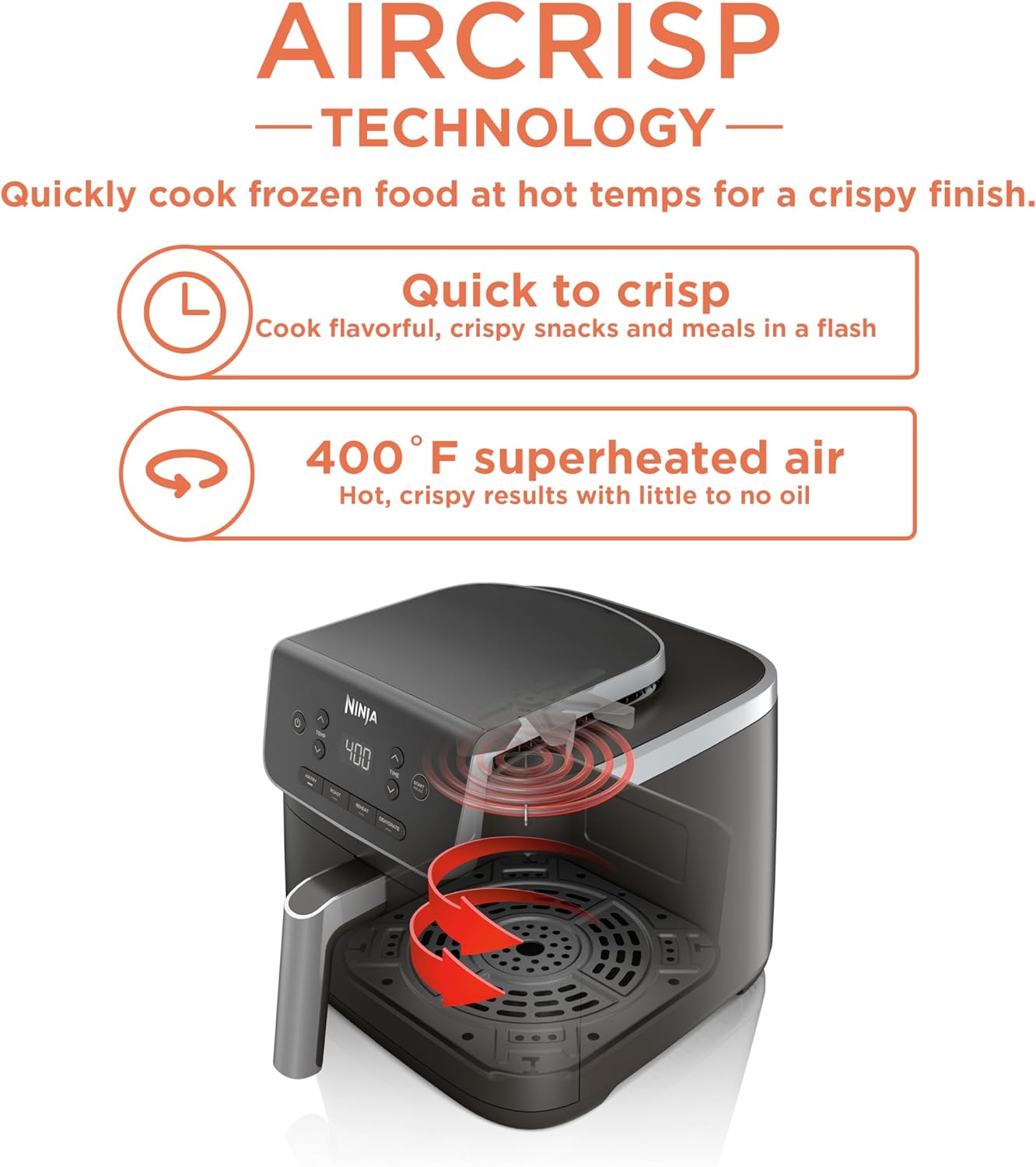 Ninja Air Fryer - 5 QT Capacity for Up to 4lbs of Fries | 4-in-1 Air Fry, Roast, Reheat, Dehydrate | 400°F Max Temp | Nonstick Basket & Crisper Plate | Grey | AF141