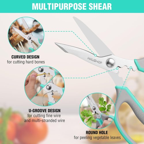 HAUSHOF Kitchen Scissors - Heavy Duty Stainless Steel Shears with Soft Grip | 8-1/4" U-Groove Design for Meat & Vegetables