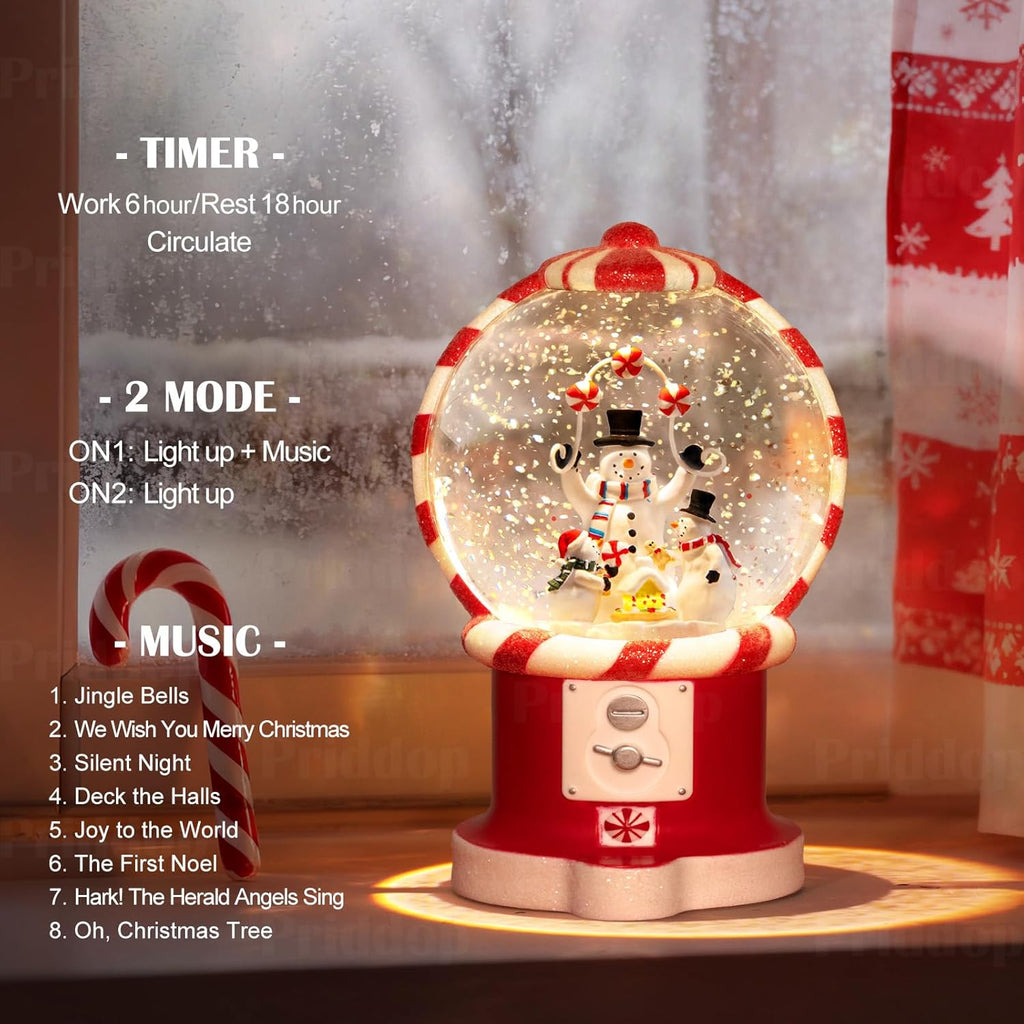 Priddop Snowman Snow Globe | Musical Christmas Decoration - 7.8 Inch USB/Battery Operated Glitter Gift