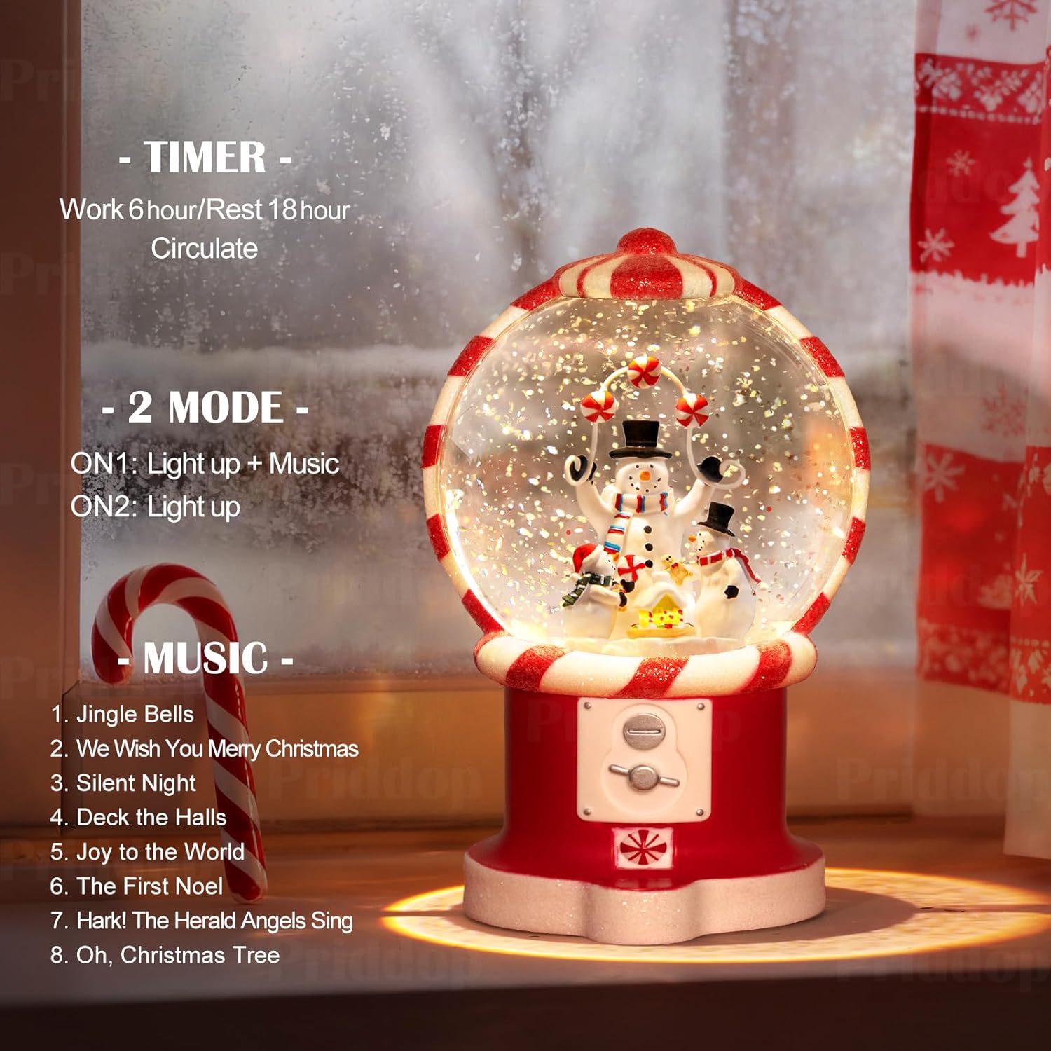 Priddop Snowman Snow Globe | Musical Glitter Christmas Decoration - 7.8 Inch USB/Battery Timer