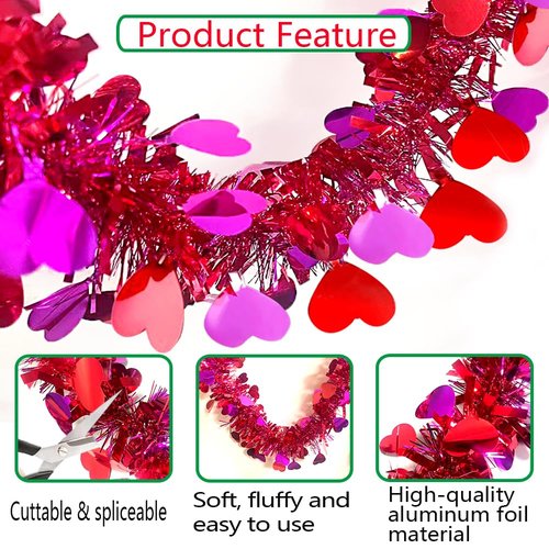 33 Ft Valentines Tinsel Garland Valentines Day Red & Rose Shiny Thick Metallic Heart Garland Valentine's Day Decorations for Valentine Home Indoor Outdoor Anniversary Wedding Hanging Decor Supplies