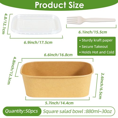 FEHHTO 50-Pack 30oz Meal Prep Containers Disposable Kraft Paper Bowls 【with Lids and Forks】, Compostable Large Heavy Duty To Go Food Containers, Microwave & Freezer Safe for Hot & Cold Foods