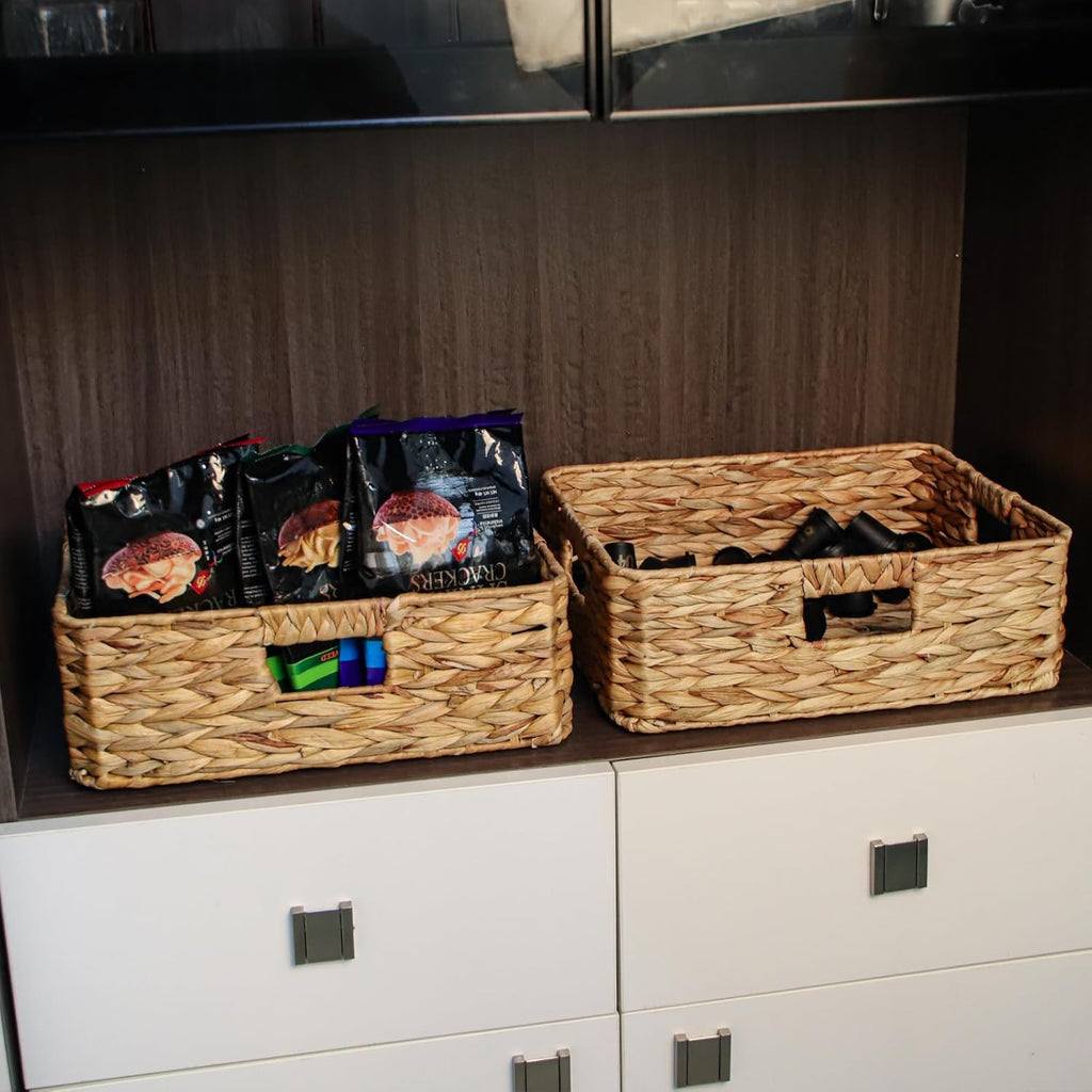 Water Hyacinth Storage Baskets by Rectangular | Woven Drawer Baskets with Handles - 15.2” L x 12” W x 4.7” H