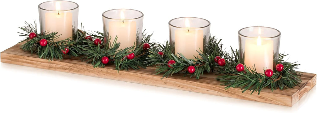 Romadedi Christmas Candle Holder - Rustic 4 Tealight Holders with Mini Wreaths | 16.5-Inch Wooden Tray for Table Centerpiece Decor