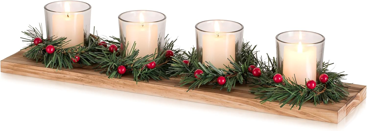 Romadedi Christmas Candle Holder - Rustic 4 Tealight Holders with Mini Wreaths | 16.5-Inch Wooden Tray for Table Centerpiece Decor