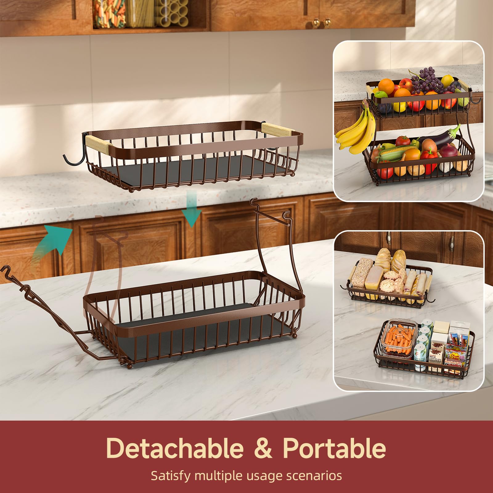 Sevenblue 2 Tier Large Fruit Basket for Kitchen Counter with 2 Mobile Banana Hangers, 2026 Pro Detachable Metal Fruit Bowl with Wooden Handle (Brown, 2 Tier)