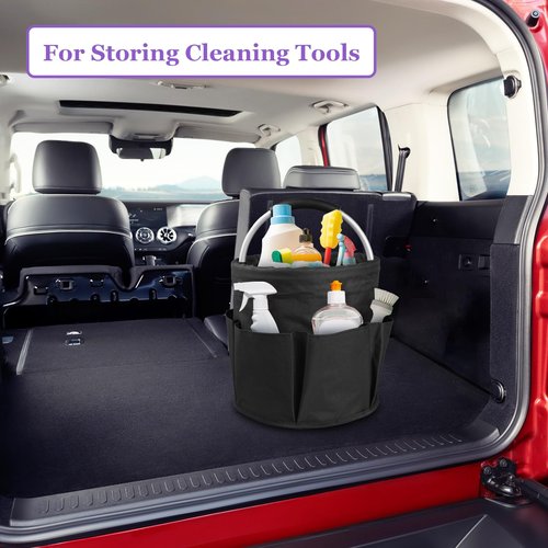 IHOMAGIC 17L Cleaning Caddy with Handle and 6 Pockets, Foldable Cleaning Supply Caddy, Portable Shower Caddy in 600D Oxford Fabric, Multifunctional Storage Basket for Camping, Gardening, Black