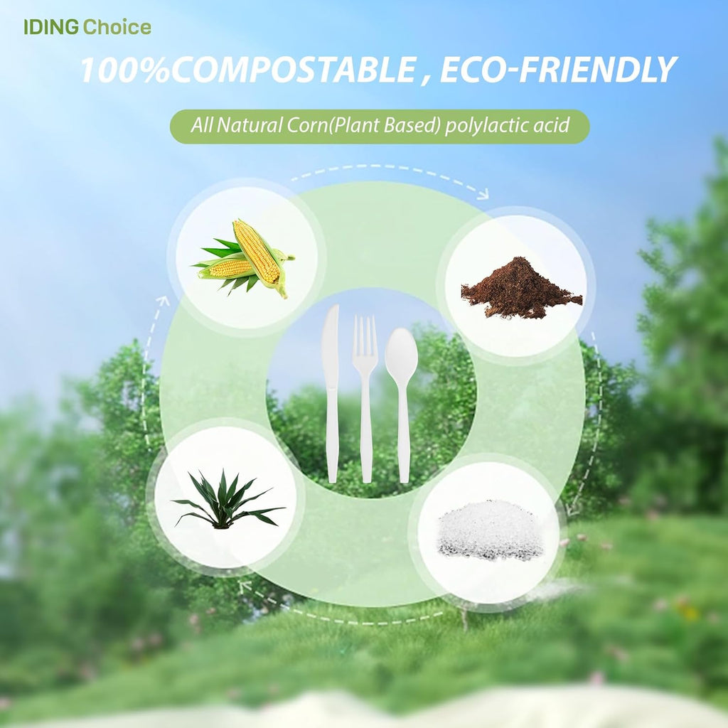 Skiennix 380 Count Heavy Duty Compostable Cutlery Set - Eco-Friendly Silverware for Events | Forks, Spoons & Knives