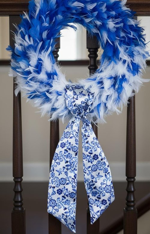 Chinoiserie Wreath Sash - Blue Floral Ribbon Decor for Front Door | 55x5 Inch Indoor/Outdoor Bow