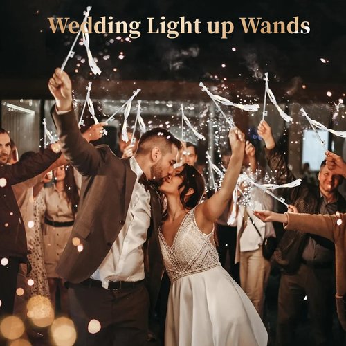 50 PCS Wedding Wands with Ribbons & Bells, Romantic Sparkle with Three Light Modes, Light up Wands for Wedding Send off, New Year, Birthday Party, Parties, and Celebrations