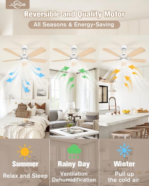 JOFIOS Ceiling Fans with Lights and Remote,52 inch Ceiling Fan with Adjustable Color Temperature,Dimmable 6-speeds Noiseless Revisible DC Motor for Bedroom, Kitchen, Living Room（White）