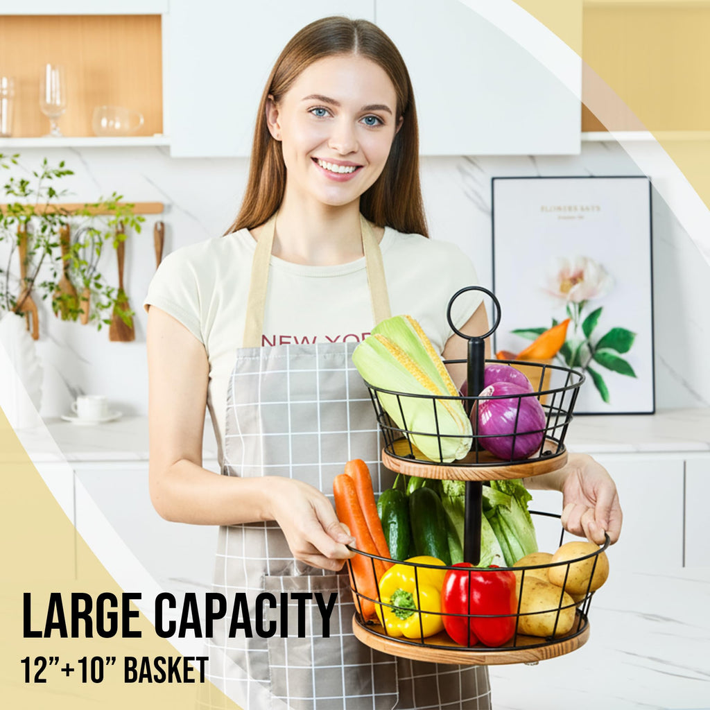 WILDMOS 2 Tier Fruit Bowl - Sturdy Iron Wire Fruit Basket with Real Wood Base, 12 Inch Large Fruit Basket for Kitchen Counter, Anti-Slip Silicone Pads, 2 Tier Fruit and Vegetable Storage Solution