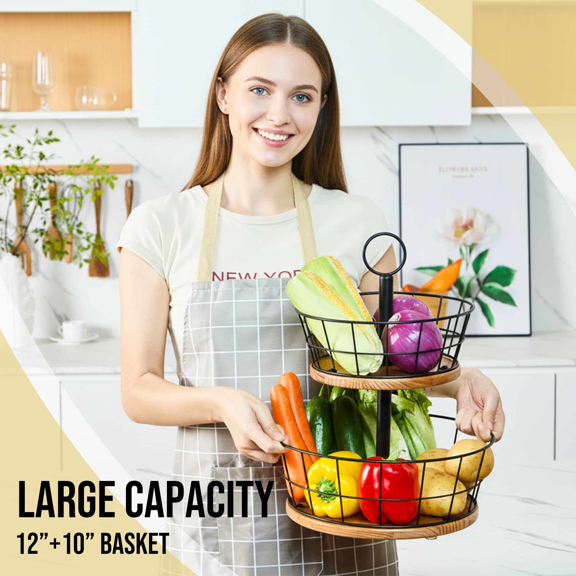 WILDMOS 2 Tier Fruit Bowl - Sturdy Iron Wire Fruit Basket with Real Wood Base, 12 Inch Large Fruit Basket for Kitchen Counter, Anti-Slip Silicone Pads, 2 Tier Fruit and Vegetable Storage Solution