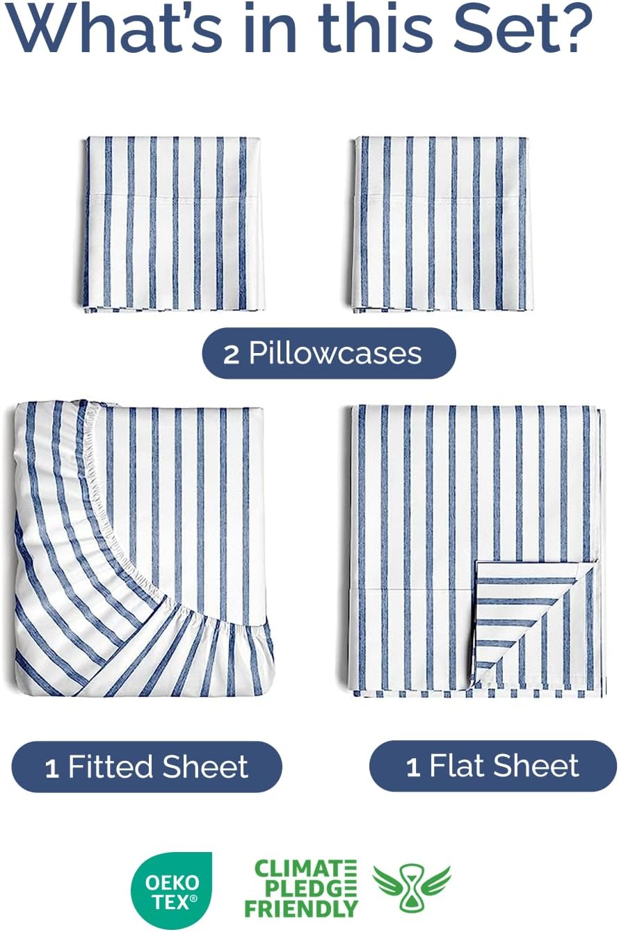Skiennix Extra Deep Twin XL Sheet Set - 4-Piece Breathable Cooling Bedding - Soft, Wrinkle-Free Blue Stripes