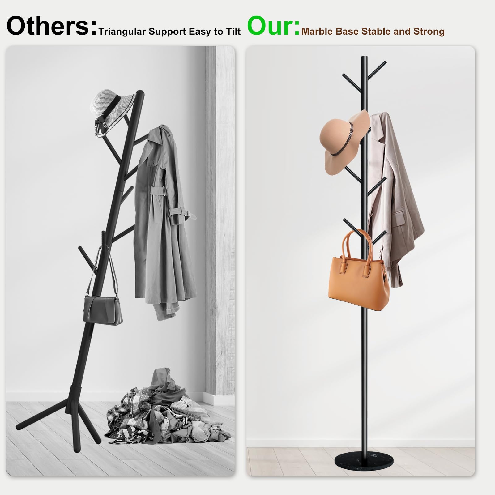 Acteomsly Coat Rack with Natural Marble Base, Metal Freestanding Coat Rack with 8 Hooks, Heavy Duty Coat Hanger Stand for Entryway, Office, Bedroom,Dorm for Coats, Hats, Handbags and Scarves(Black)