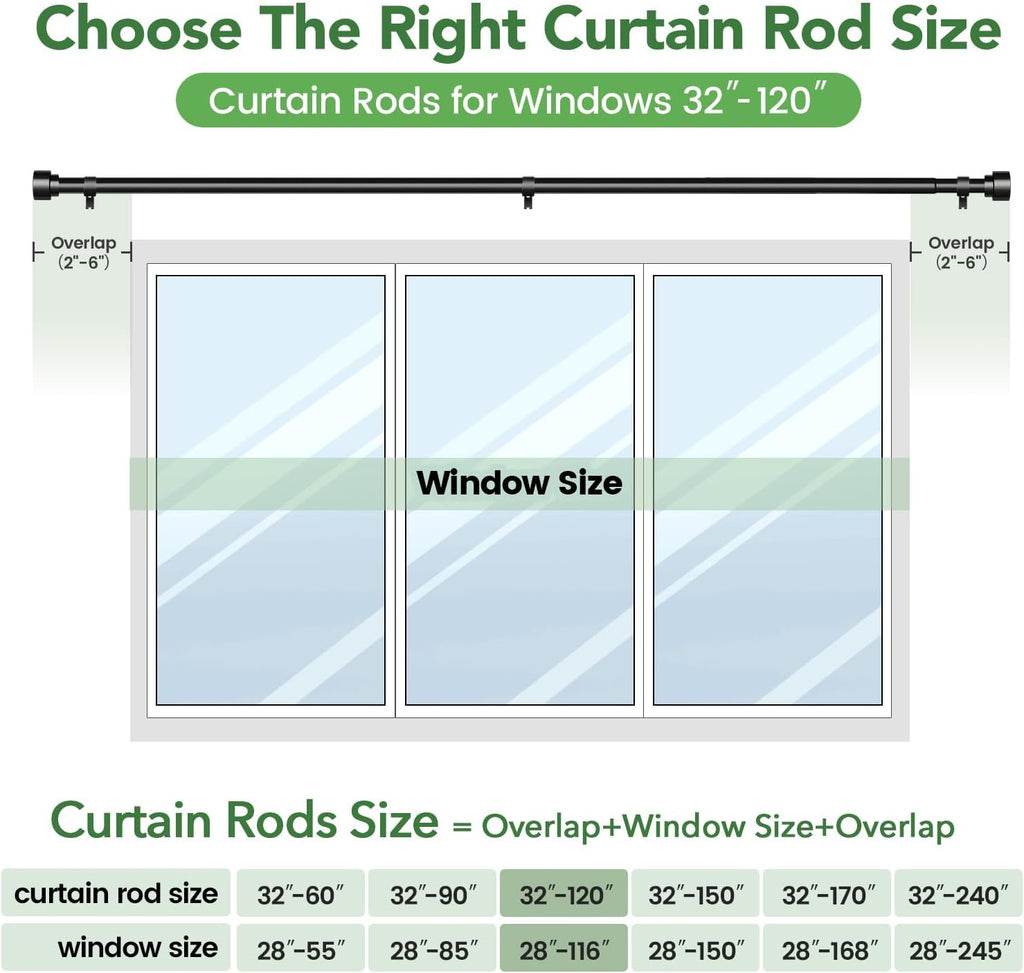 Time Forest Black Curtain Rods - Adjustable Heavy Duty Design for Windows 32 to 120 Inches | Modern Style