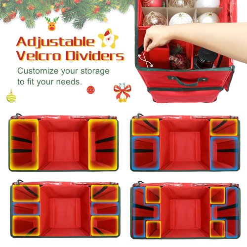 HKQ Large 2-in-1 Christmas Ornament Storage Box & Xmas Figurine Container,4 Separate Trays Keep 64-3"/ 36-4" Holiday Ornaments,Adjustable Extent Area for Figurines and Pockets for Decoration