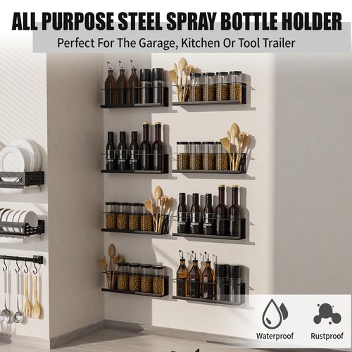 Riciakik 8 Pack Spray Bottle Holder Wall-Mounted, Aerosol Spray Can Holder Storage Rack, Heavy-Duty Paint Bottle Organizer with 40 Holes, Steel Black Spray Rack for Garage, Shop, Home or Tool Trailer