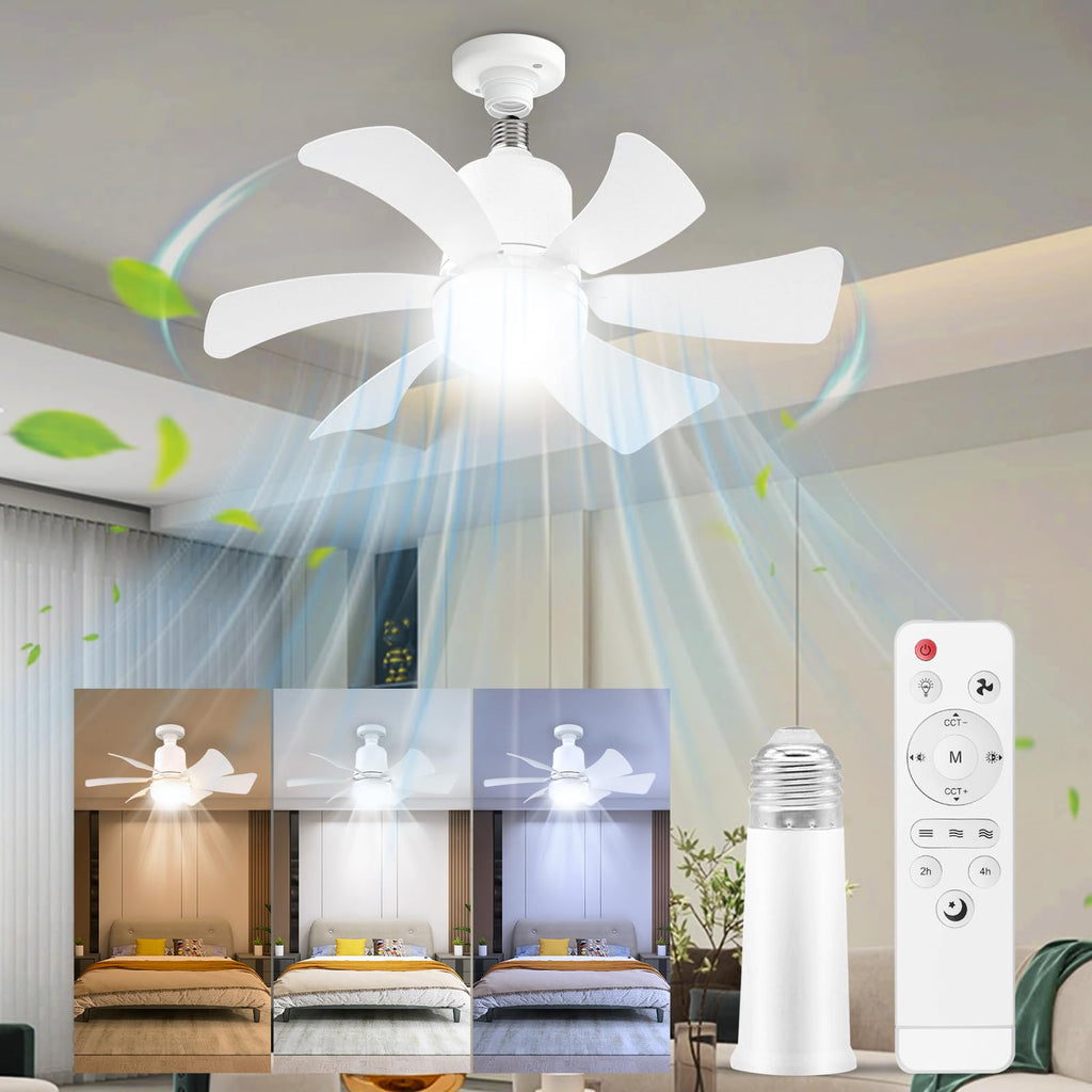 AURALK Socket Fan Light, 16.5" Small Ceiling Fans with Lights and Remote, Super Bright, 1800 Lumens, 3 Colors 3000K-6500K, Dimmable Screw in LED Light Bulb for Bedroom, Kitchen, Living Room