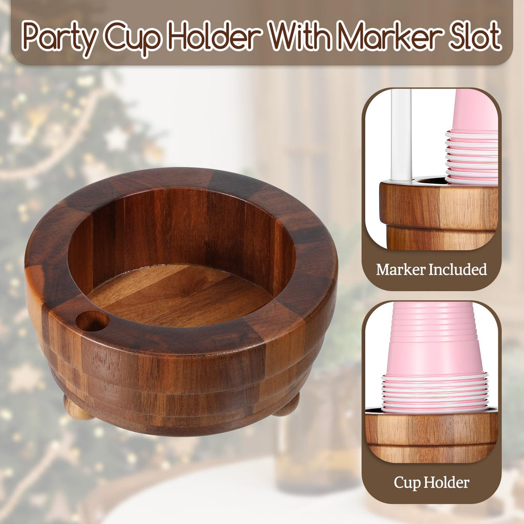 Ptwola Acacia Wood Cup Holder with Marker Slot, Disposable Paper Cup Dispenser Rustic Drink Mug Organizer Storage Box for Wedding Birthday Party Bar Kitchen Picnic Housewarming Decoration (No Pen)