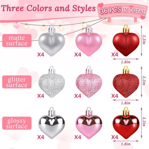 36Pcs Heart Ornaments Valentines Day Decorations Red Pink Silver Glitter Valentines Ornaments for Tree Hanging Heart Shaped Ornament for Wedding Anniversary Party Supplies