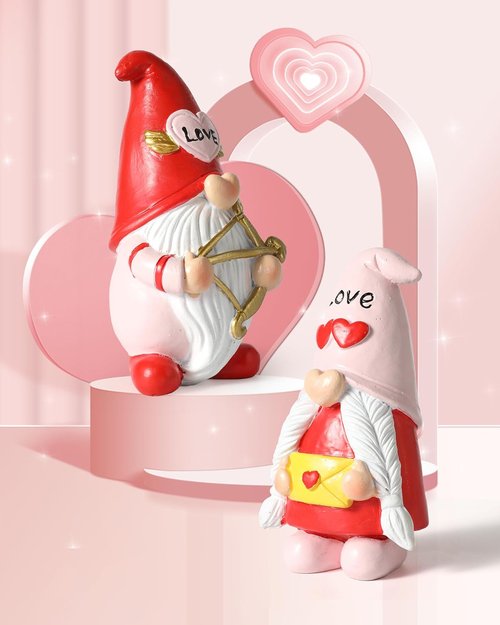 iStatue Valentine Gnomes - Adorable Set of 2 Resin Statues with Heart-Shaped Love & Cupid's Arrow | Perfect Valentine's Day Decor & Gifts