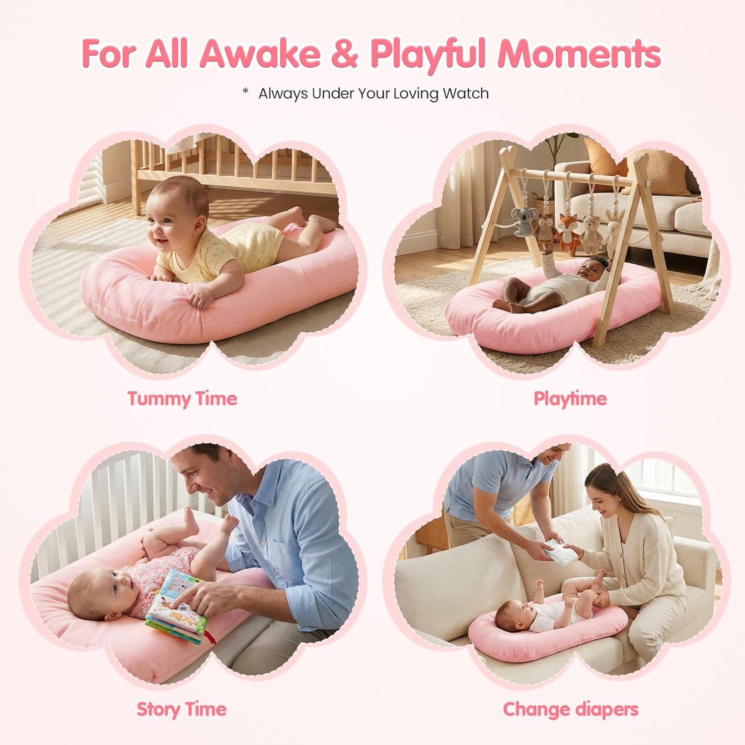 Skiennix Infant Support Cushion - Portable Baby Lounger & Tummy Time Mat, Soft Cotton, Waterproof, Pink
