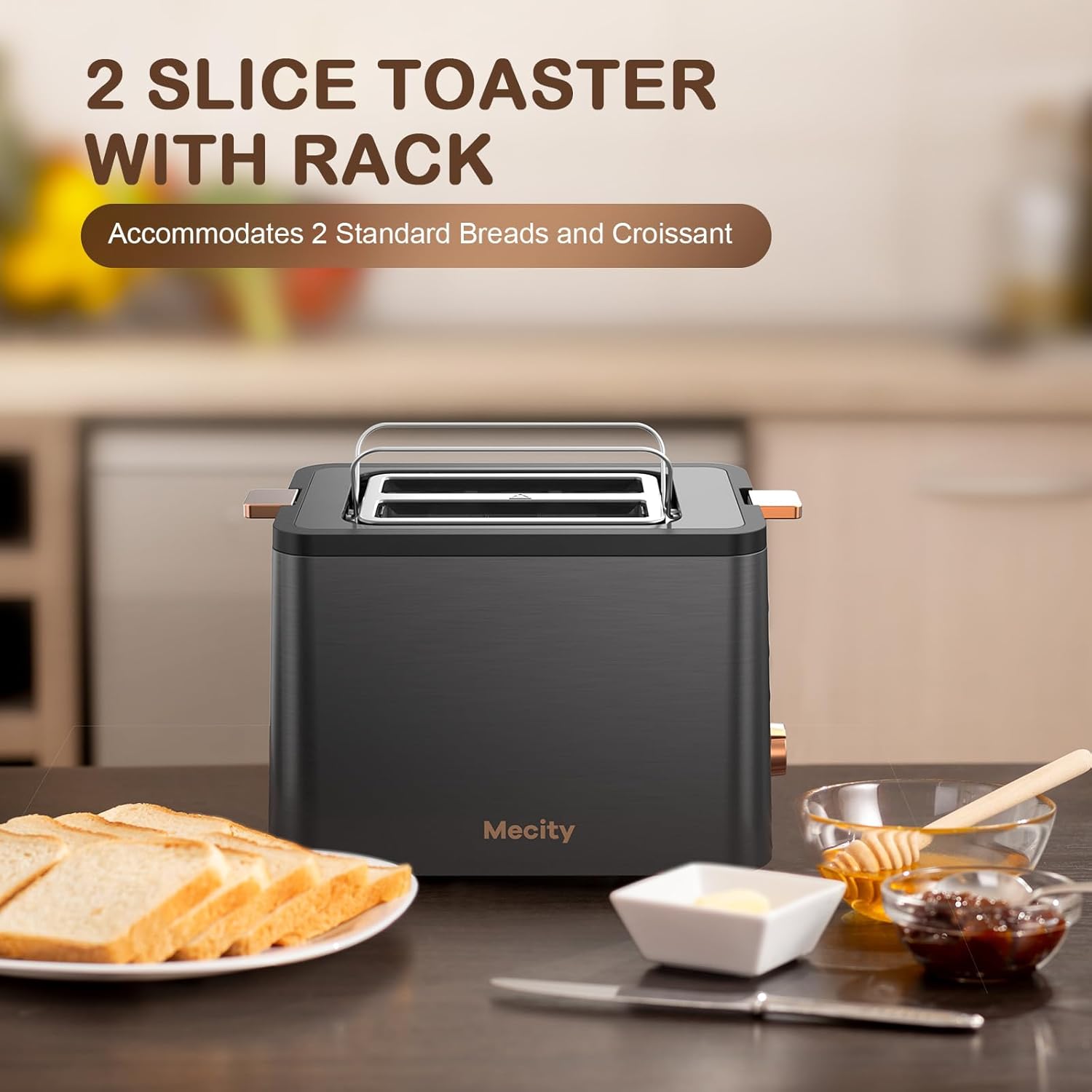 Mecity 2-Slice Stainless Steel Toaster - Extra Wide Slots, 6 Browning Settings & Timer | Grey Finish
