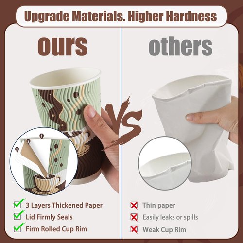 48 pack 16 oz Disposable Coffee Cups with Lids, Corrugated Ripple Wall Insulated Paper Cups for Winter Cahristmas Hot Cold Drink, Home, Office, Coffee Bar