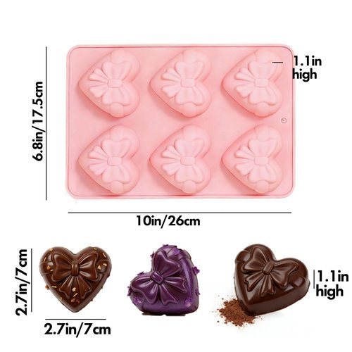 2PCS Heart Shaped Silicone Molds with Bows, Non-Stick Baking Molds for Chocolate, Candy, Gummy, Ice Cubes, Soap, Mousse & Candles