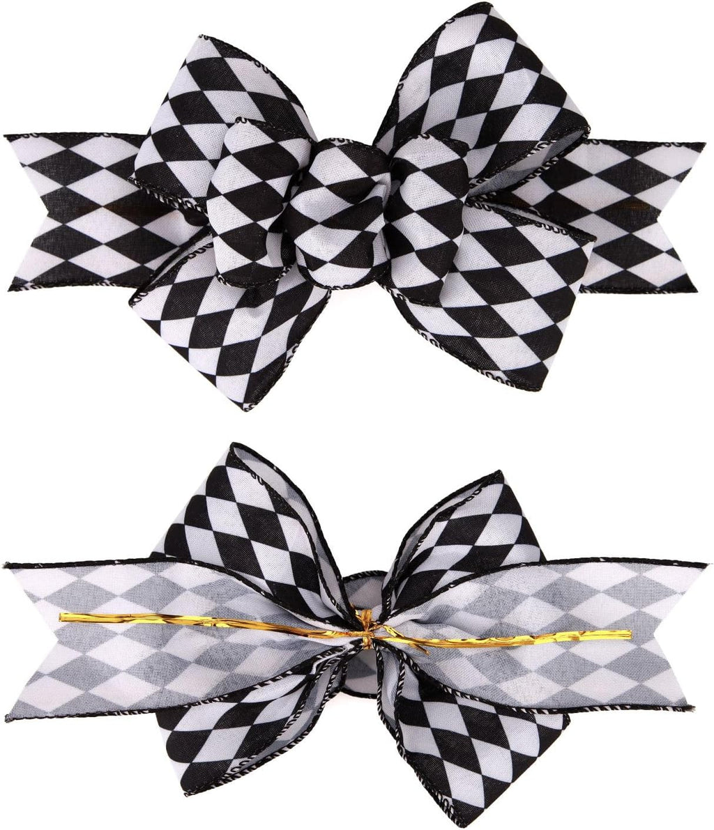 Meseey Christmas Burlap Bow Set - Handmade Black and White Check Ribbon for Wreaths & Crafts | 2 Pcs