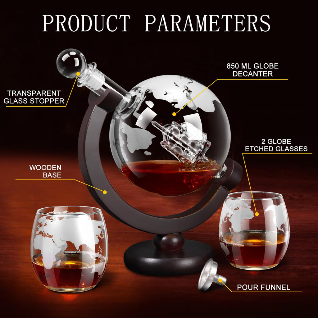 Whiskey Decanter Set,Gift for Men Dad Christmas, Decanter Globe Set with 2 Glasses for Liquor Bourbon Cocktails Vodka Scotch, Decanter Sets for Men Cool Stuff Whiskey Gift - 850ml