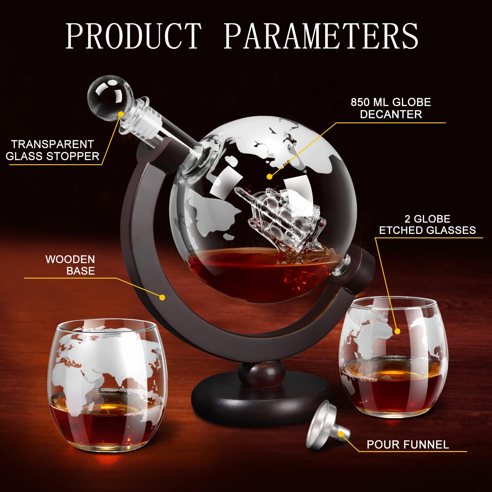 Whiskey Decanter Set,Gift for Men Dad Christmas, Decanter Globe Set with 2 Glasses for Liquor Bourbon Cocktails Vodka Scotch, Decanter Sets for Men Cool Stuff Whiskey Gift - 850ml